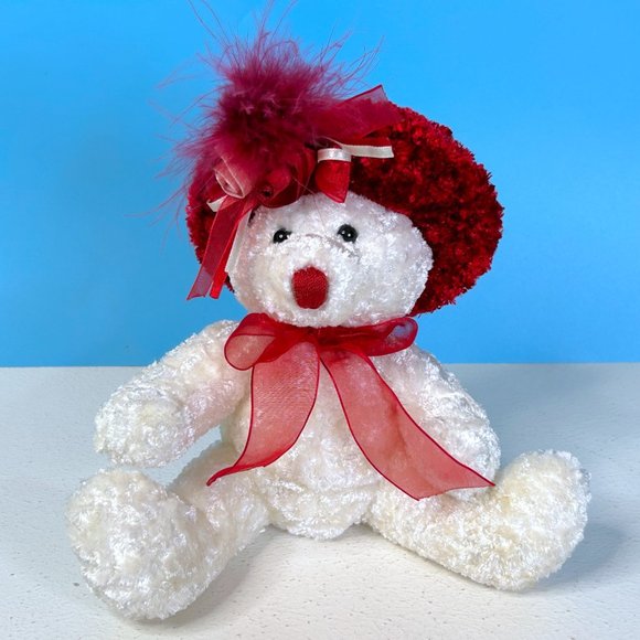 Vintage Dan Dee Red Hat w/Roses White Teddy Bear 8" Plush Stuffed Animal‎ Toy - Picture 5 of 5